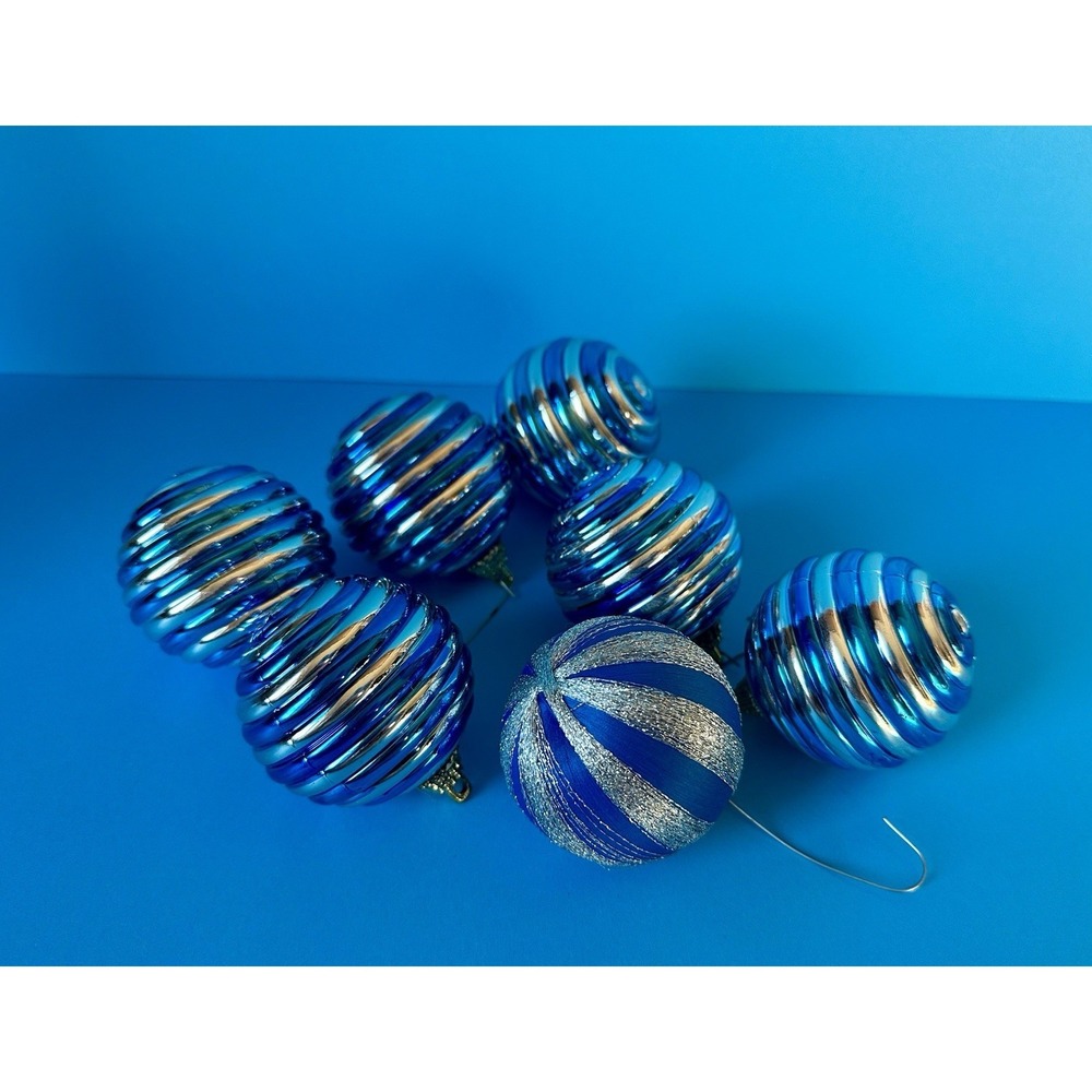 Spiral Swirl Christmas Ornaments Round Globe Blue Silver Striped Decor Set of 7